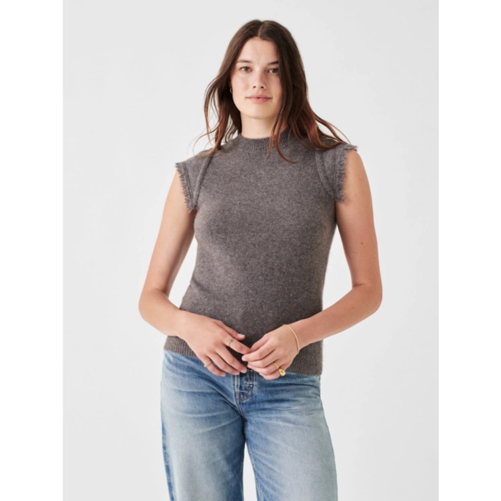 Faherty Colette Sweater Tee Womens XS Gray Yak Merino Wool Fringe Crewneck